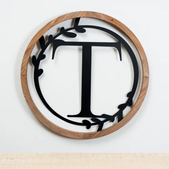 Wood And Metal Laurel Monogram T Plaque-Kirkland's Home Store