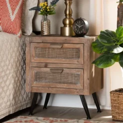 Wood And Rattan 2-Drawer Nightstand-Kirkland's Home Store