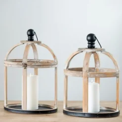 Wood Caged Metal Band 2-Pc. Decorative Lantern Set-Kirkland's Home Online