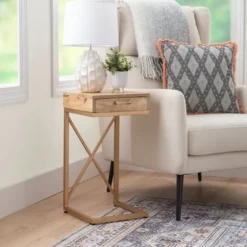 Wood Gold Metal X-Frame Base C Table-Kirkland's Home Sale