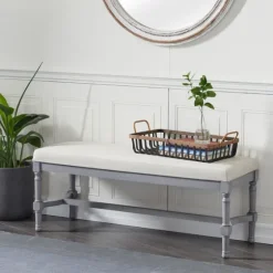 Wood Upholstered Burlap Seat Bench-Kirkland's Home Hot