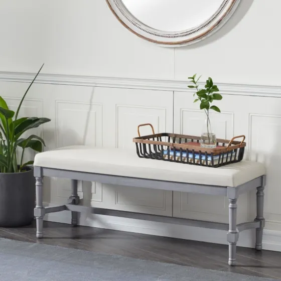 Wood Upholstered Burlap Seat Bench-Kirkland's Home Hot