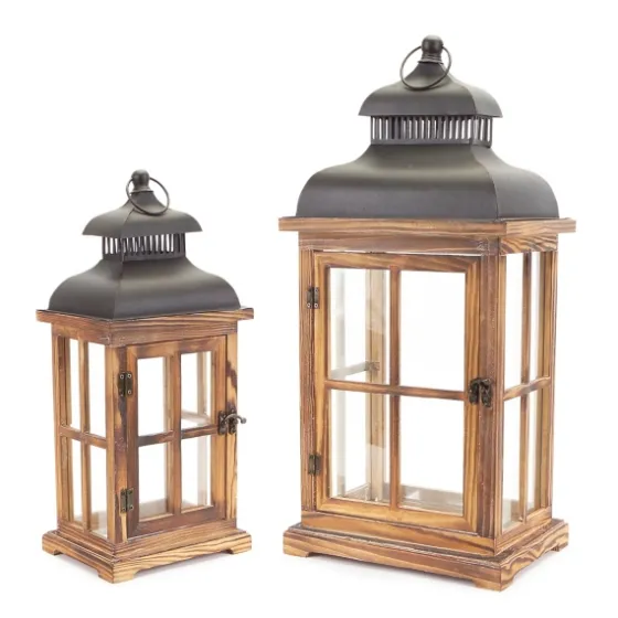 Wood Windowpane Slope Top Lanterns, Set Of 2-Kirkland's Home Sale