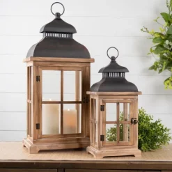 Wood Windowpane Slope Top Lanterns, Set Of 2-Kirkland's Home Sale